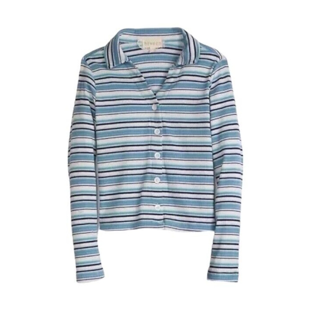 btween Girl's Long Sleeve Ribbed Polo Shirt Size 12 Blue White Striped